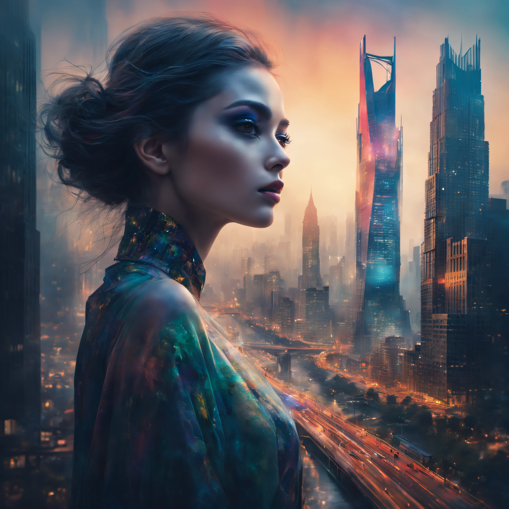 (best qualityer,4k,8k,Tall structures,tmasterpiece:1.2),Doubleexposure,beatiful detailed eyes,City silhouette,view over city,Vibrant colors,stunning art,mesmerizing mixed images,Stylish and sophisticated portrait,surreal atmosphere,Unique artistic composition,dreamy and ethereal,Contrasting elements,creative juxtaposition,captivating visuals,mystical aura,Modern artistic sense,Elegant and eye-catching,Vibrant cityscape,Poetic and thought-provoking,Skillfully blending reality and imagination