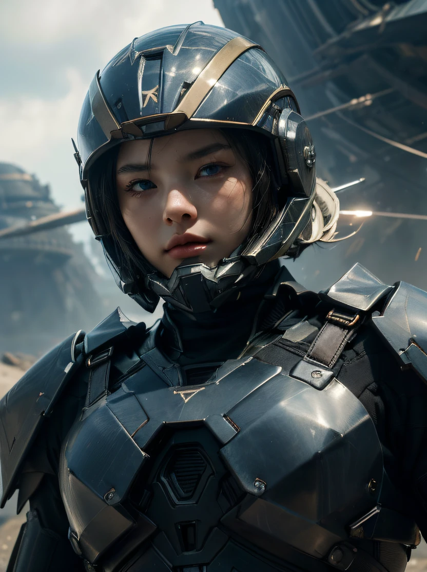(top-quality、​masterpiece、ultra-detailliert、hight resolution、realisitic、Photorealsitic、Extremely delicate and beautiful、amazing fine details、The best illustrations、Dramatic Lighting、foco nítido)、Focus on the face、3/5 shots、Focus from the chest up、((beautiful young woman with、head gear、Black Reinforced Armor Suit、armored gloves))、looking at the viewers、battle posture、a science fiction film、Dark blue eyes、bob cuts、Chestnut hair、serious faces、Sharp eyes、Detailed hand depiction、Realistic face resolution、Passage inside the spacecraft、Dynamic action