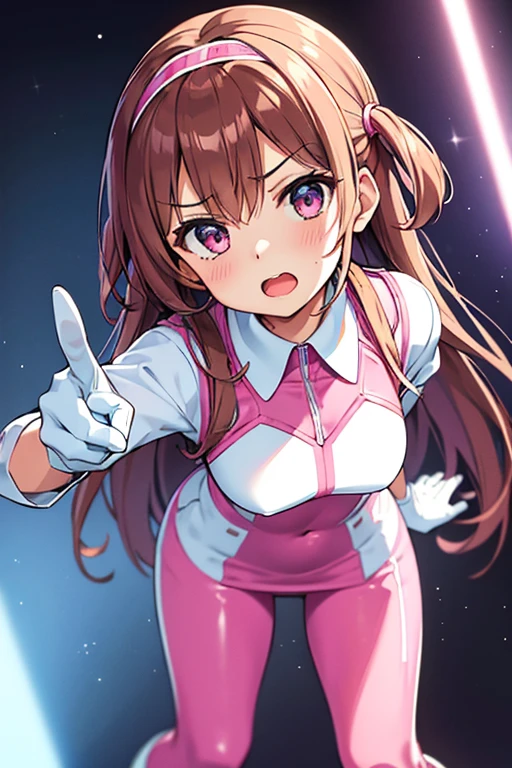 (leaning forward, 1 girl, looking at viewer, from front, facing straight at viewer, angry, index finger pointing, hand on hips, pink and light blue and white clothes, futuristic space suit, inside spanking room), upper body, shiny slim fit simple suit, shiny slim fit pencil skirt, white gloves, high neck clothes, hide the neck, drooping eyes, head tilt, masterpiece, best quality, an extremely cute girl, brown hair, open mouth, pink hair band