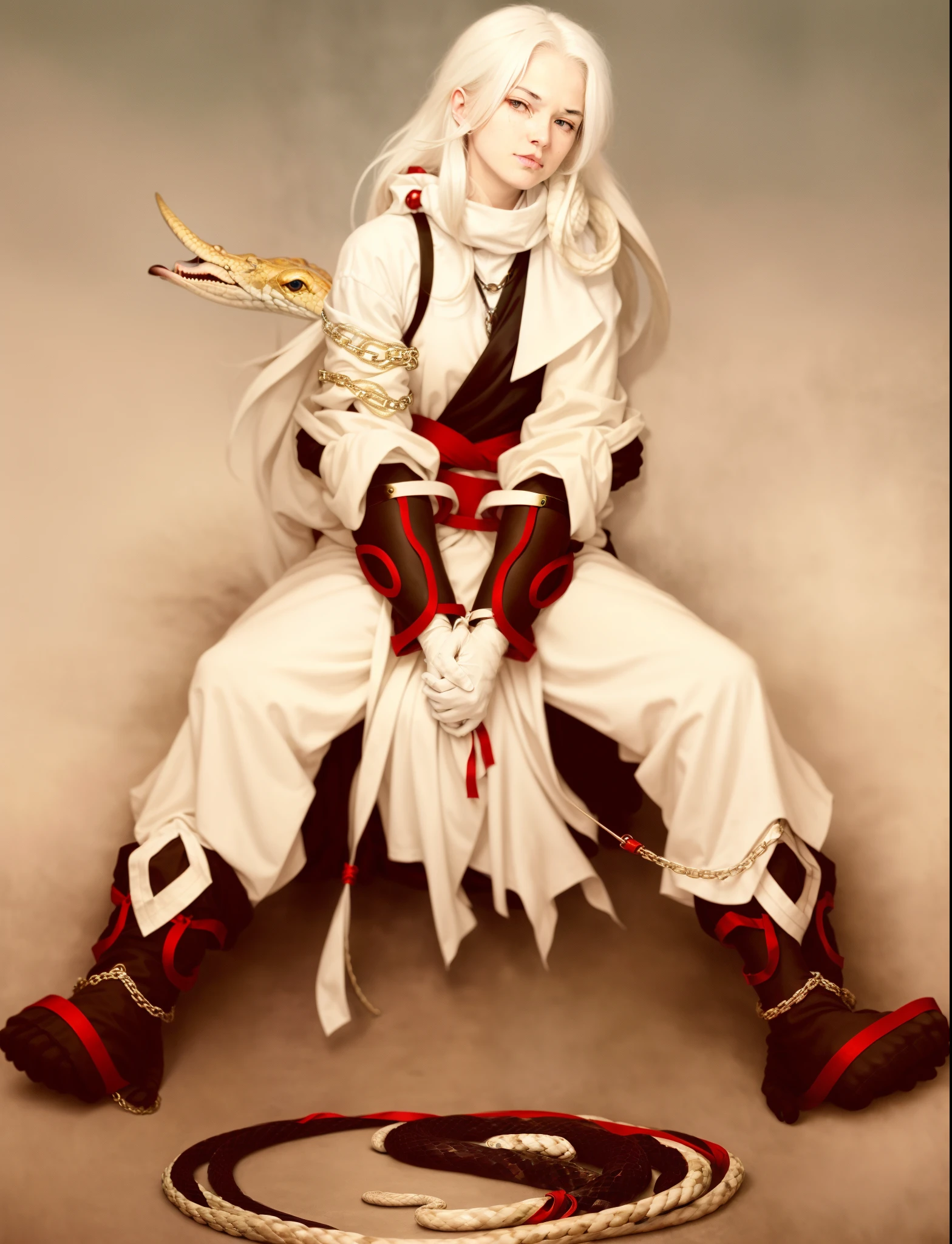 White hair,red color eyes,Dark skin,Hands are bound by chains,Arms that are always black((Arm wrapped in bandage)),Giant snakes surround the characters,Sitting on a giant snake。There is a black wolf at my feet