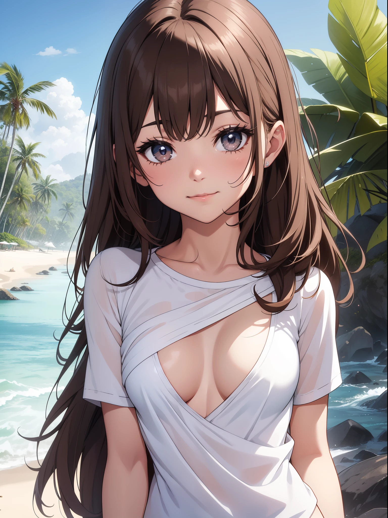Official art、Top quality ultra-detailed CG art、barechested:1.2)、Brown hair、lively girl、white t-shirts、Transcendent Cute、kirakira、ssmile、Hide and seek、the beach、clean、Short。