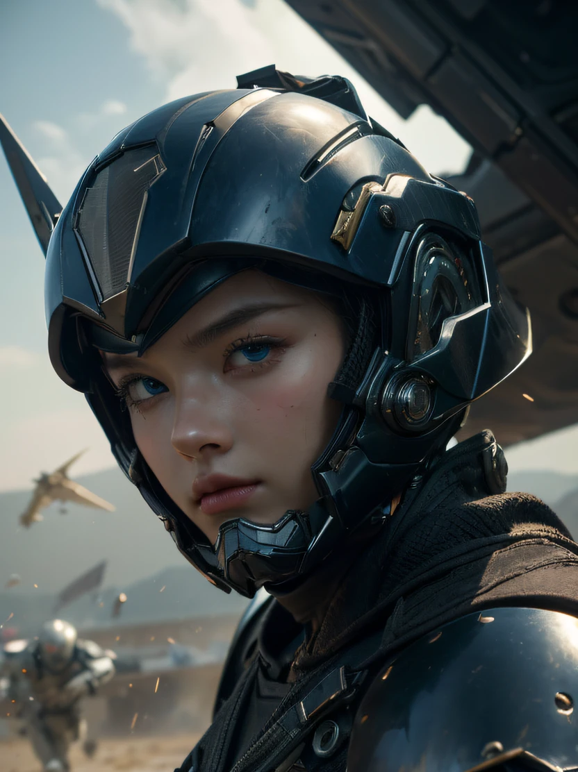 (top-quality、masterpiece、ultra-detailliert、hight resolution、realisitic、Photorealsitic、extremely delicate and beautiful、amazing fine details、The best illustrations、Dramatic Lighting、foco nítido)、Focus on the face、3/5 shots、beautiful young woman with、((full face helmet、Black Reinforced Armor Suit、armored gloves))、looking at the viewers、battle posture、a science fiction film、Dark blue eyes、Bob Blonde、serious faces、Sharp eyes、Realistic face resolution、realisitic、The background is the battlefield、Spacecraft in the sky、Bullets fly around、Dynamic action