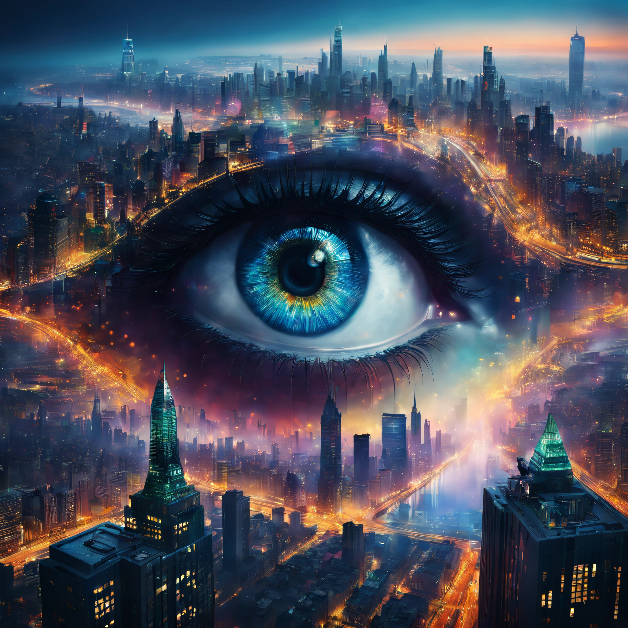 （best qualityer，4k，8k，Tall structures，tmasterpiece：1.2），Doubleexposure，beatiful detailed eyes，City silhouette，view over city，Vibrant colors，stunning art，mesmerizing mixed images，Stylish and sophisticated portrait，surreal atmosphere，Unique artistic composition，dreamy and ethereal，Contrasting elements，creative juxtaposition，captivating visuals，mystical aura，Modern artistic sense，Elegant and eye-catching，Vibrant cityscape，Poetic and thought-provoking，Skillfully blending reality and imagination