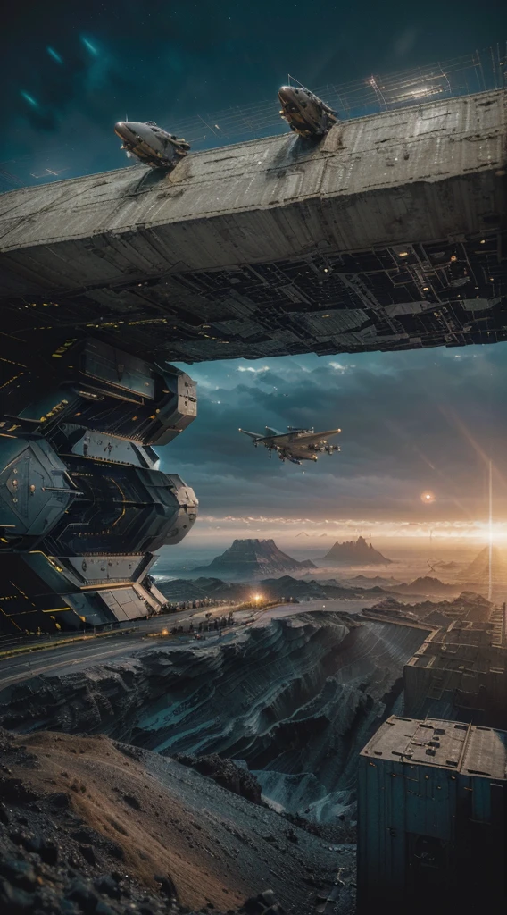 (epic place,epic landscape location,angar militar, aeronaves,Metal frame,Ultra HD | | | |,alta resolução,alta qualidade,fotorrealista:1.2),scientific fiction,Futuristic,hangar futurista,realistic lighting,ambiente detalhado,dramatic atmosphere,cores vibrantes,rendering perfection,immersive experience