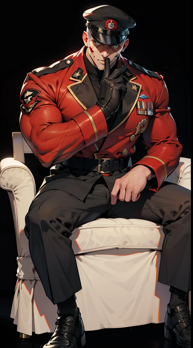 street fighter bison movie stills,(White-eyed) (Red military uniform)、(military cap with red skull mark)、big muscle、Very large muscles、Simple black background、(6 feet tall)、Sit in a plush chair
