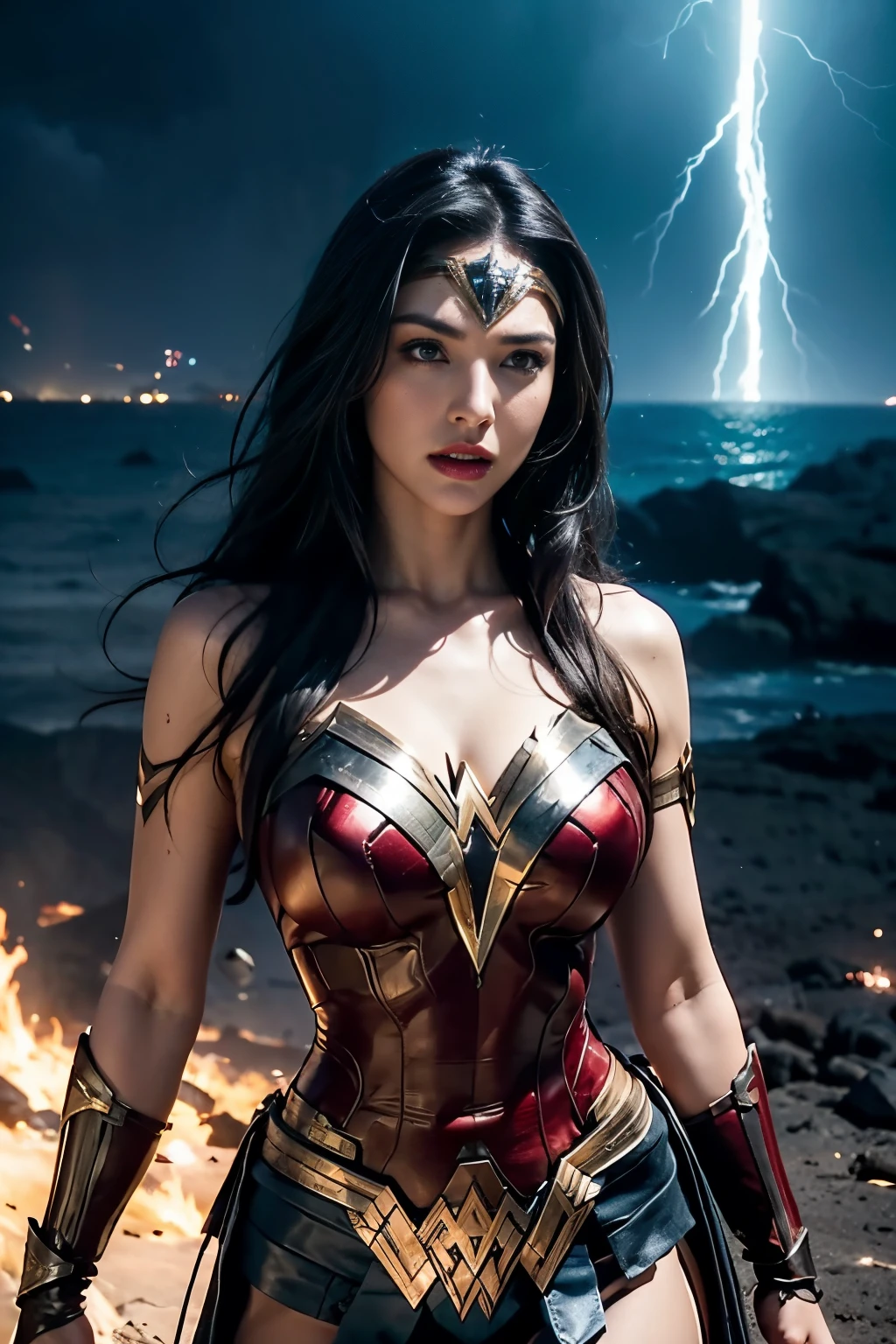 a scene from a movie Expansive landscapes dark fantasy image full - length dark force dominated evil superheroine alias Wonder Woman alliance action scene, dramatic, cinematic style, Ethereal landscapes, Vibrant colors, Intricate details