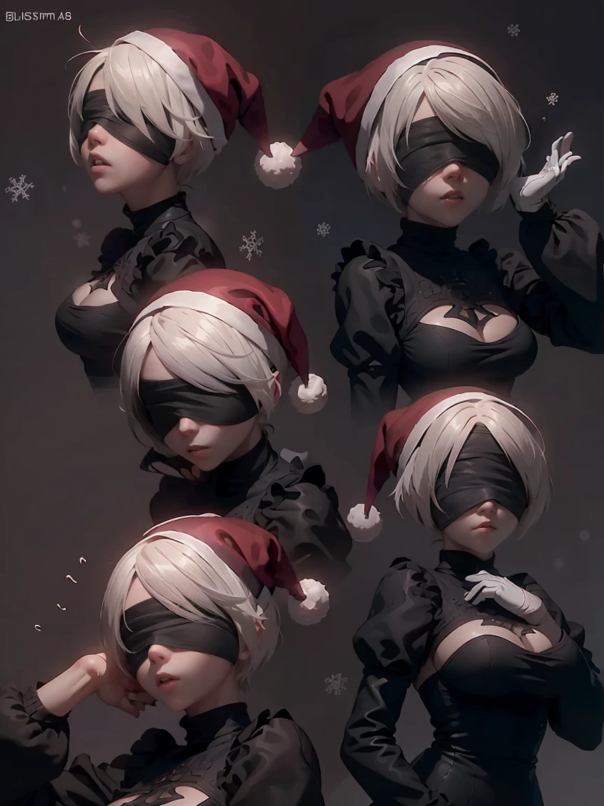 (master piece: 1.1), (n_2b), chibi, blindfold, black blindfold,multiples, 9 tables, 9 poses and expressions, ((multiple poses and expressions)), detailed face, white hair, short hair, shy, anime character, ((christmas costumes)), christmas clothes, (wearing santa hat), (simple gray background)