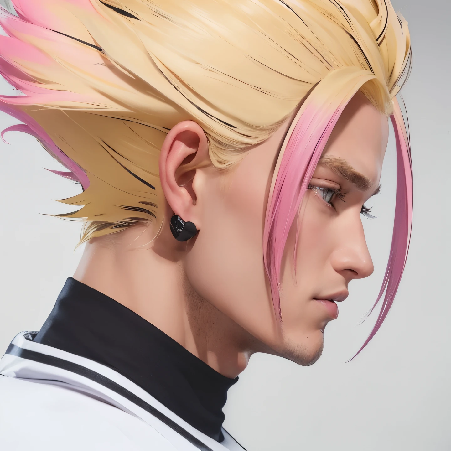 A man with realistic blonde and pink hair, the same realistic hairstyle, realistic handsome face, realistic cool expression, adapt Exactly the same clothes, realistic blonde eyelashes, realistic blonde eyebrows, realistic light, realistic shadows, realistic background,He's a male