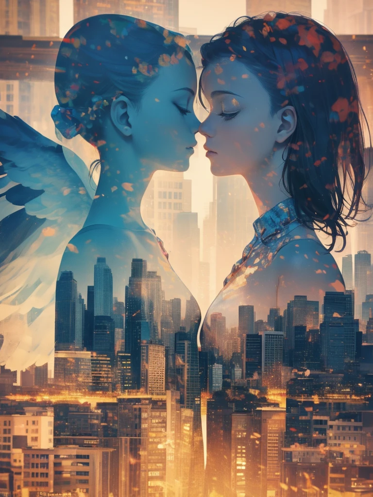 double exposure，Central symmetry of composition，（8K，tmasterpiece，Best Picture Quality），（A girl bowing her head in prayer，Located in the center of the ring，The girl has angel wings on her left side，The girl has devil wings on her right side.），（urban backdrop，The city on the left is paradise，The city on the right is paradise）