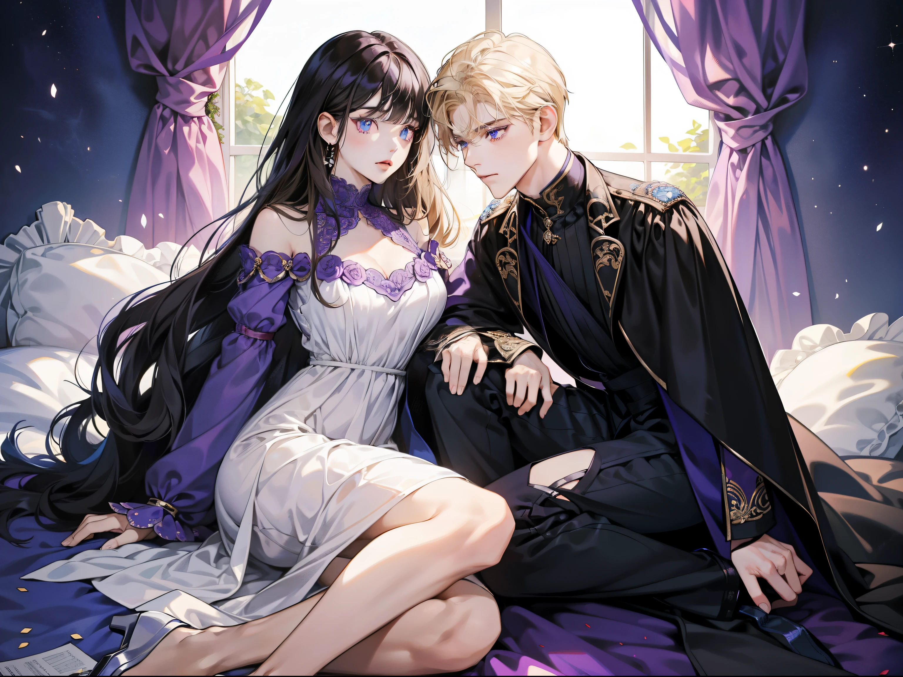 Woman with black hair and violet eyes and blunt bangs, purple dress, royalty, nobility, princess, elegant, hugs a man with blonde hair and blue eyes and spiky hair, high quality, highly detailed, detailed face, castle