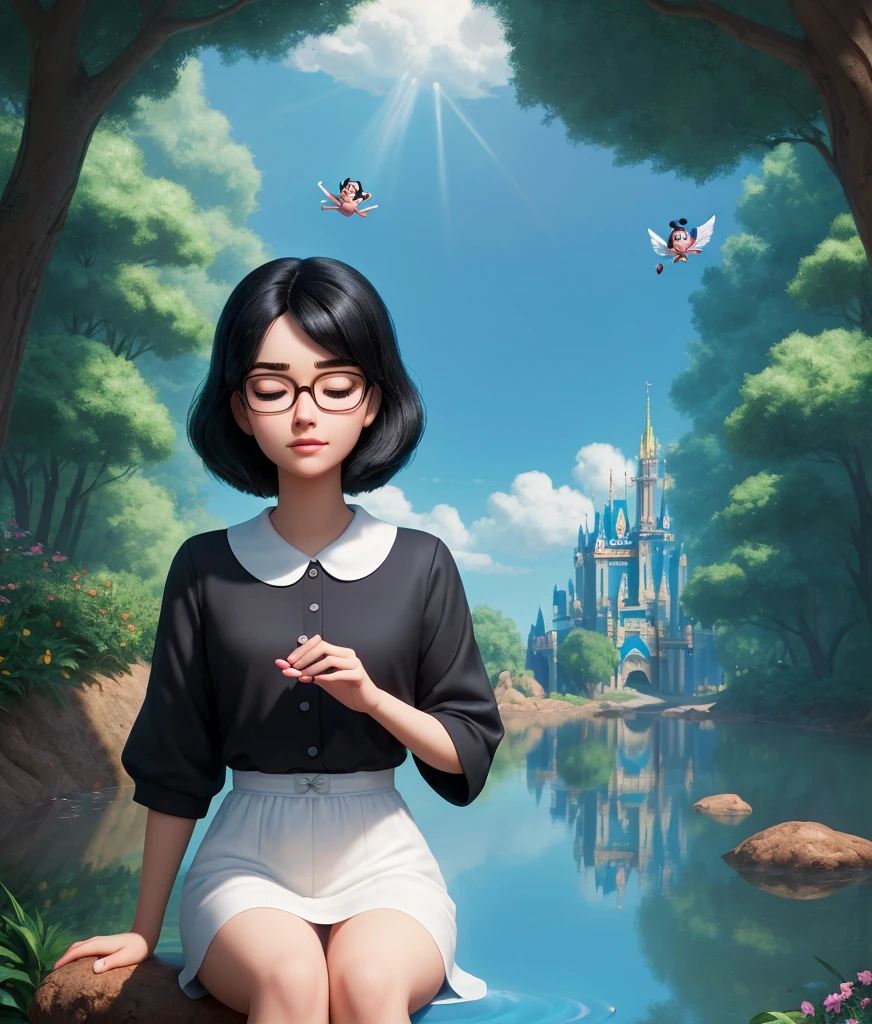 proffesional super good quality Disney Pixar poster with the words "SABRINA" a girl with black hair wearing glasses and neat clothes closing her eyes meditating in nature peacefully, 3D Animation, angels around