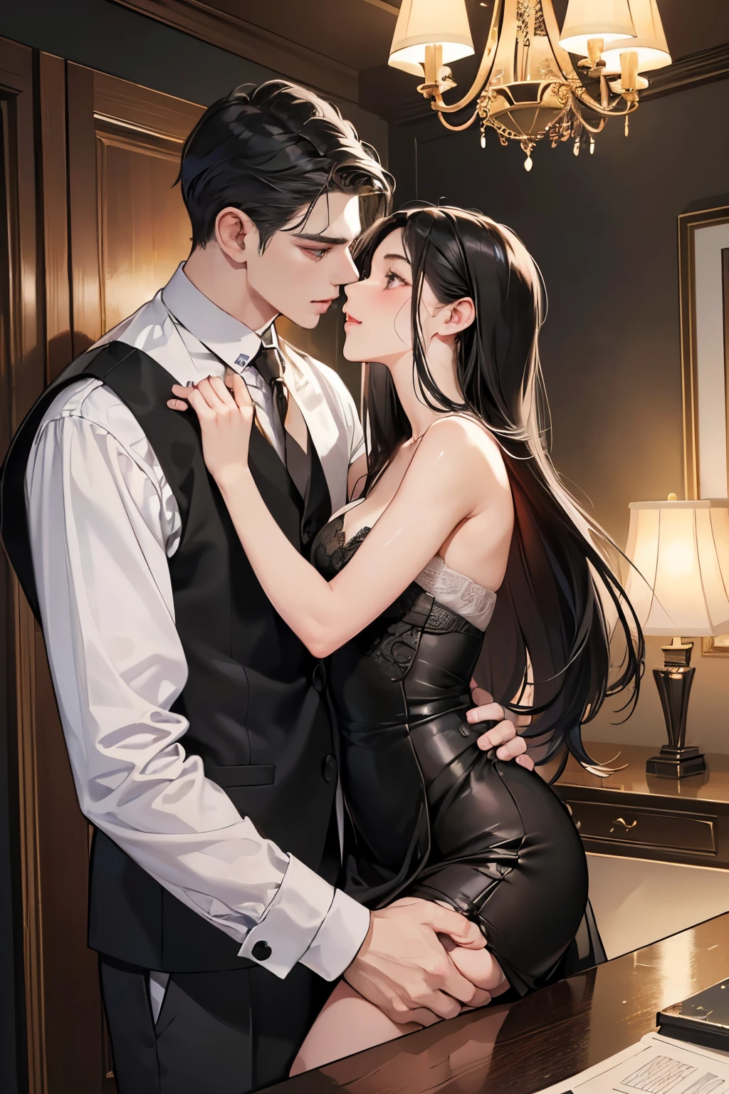 (masutepiece, Digital Art, Digital Illustration, 4K, 8K, Ultra-detailed, beautiful image, Sharp Image, Photorealistic, Raw photo, Perfect face, Perfect lines, Perfect eyes, Soft lighting) 1 woman, (Long Black Hair,straight haired,Bullish gaze,Beautie,Woman in suit,Solid makeup,23 y-o woman,small tits:1.3),Secretary, Two handsome men in suits, (ember,Men in suits,well-muscled,Firm shoulder width,Adult male,Boyish hairstyle,English gentlemanly style,Man in his 30s with a cool expression,28-year-old man with bright smile:1.2),Office scene at night,Antique furnishings,Antique Clamps,Antique chair,chandeliers,Parti、a couple、couple kissing、kiss、the kiss、Romance、loves it、kiss、a couple、couple kissing、Romance、Romance、ssex、have sex、Wet pubic area、insert 、Rape、Overflowing、A slight smil、Florist full of light,wretched、Black Knee High Socks、独奏,Full body painting,(One Girl And One Man,Having sex:1.5),(ember,Adult male,Rubbing the girl's boobs:1.2),Cheek dyeing、gasping face、embarrassed、boredom、begging、Unhappy、Greedy expression,Wet pubic area、 xen、