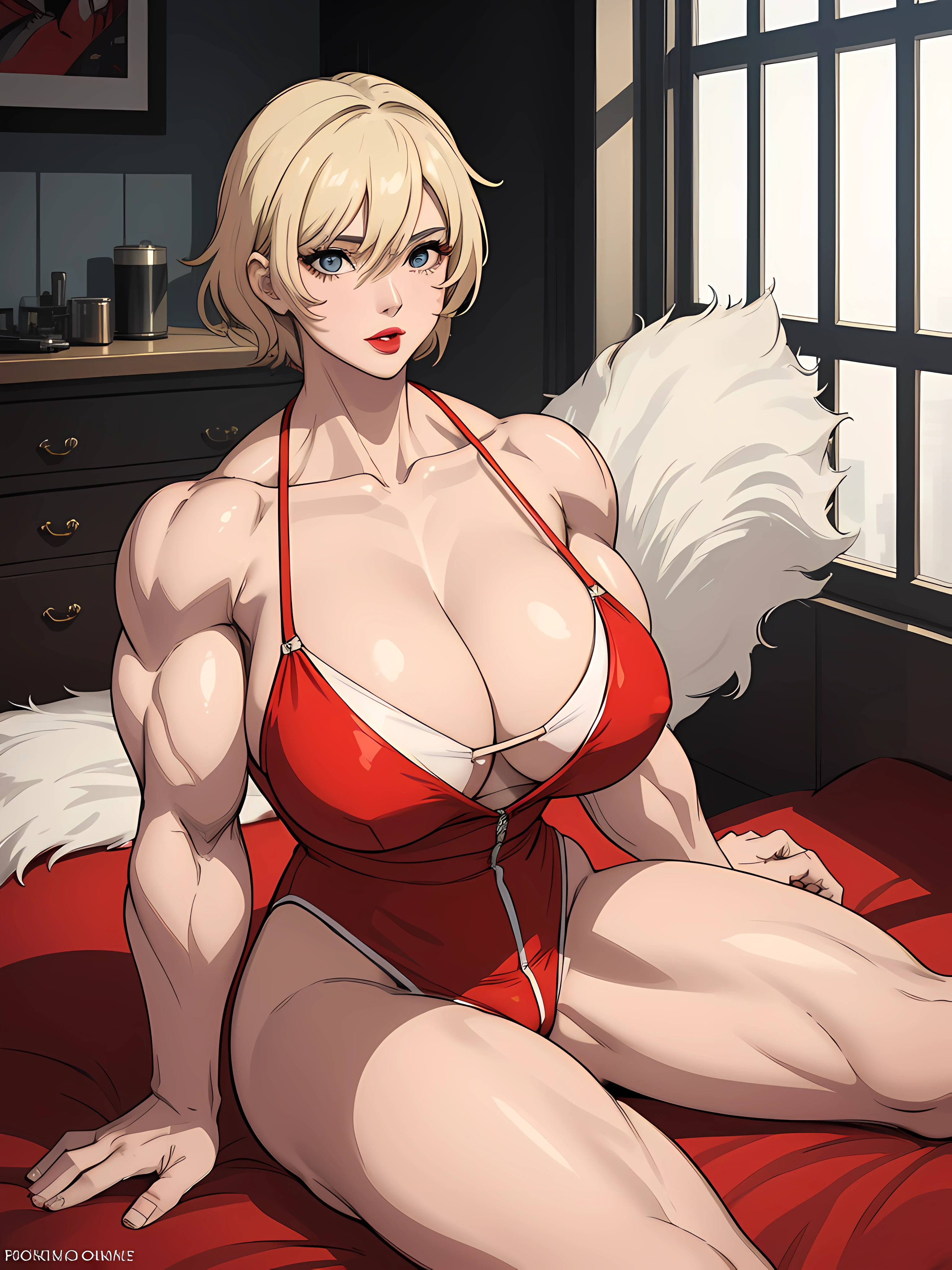 masterpiece, ,(solo:1.1), perfect face, (bright lighting:1.2),beautiful detailed eyes, extremely detailed face, perfect lighting,masterpiece, best quality, ((mature female)), ((large breasts)), 30yo female, 1girl, red lips, short blonde, straight hair ,provocative, tease, lips, lipstick, red lips, red lipstick, milf, large breast, adult woman, bold lips, thick lips , full body, (((((huge muscles)))))