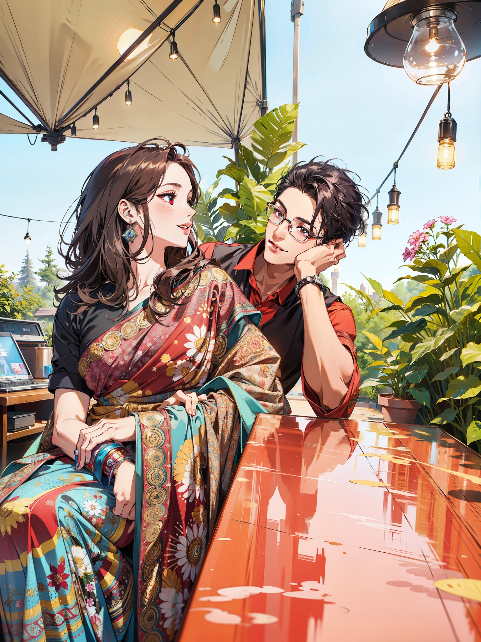 (masterpiece),(best quality:1.0), (ultra highres:1.0), detailed illustration, 8k, anime couple, , girl on left, beautiful girl, maroon saree, intricate details, black eyes, detailed eyes, black hair, detailed hair detailed, highlights on hair, smile, boy on right, glasses, handsome masculine young boy, maroon shirt, stylish hair, anime style, best quality, detailed, both smiling
