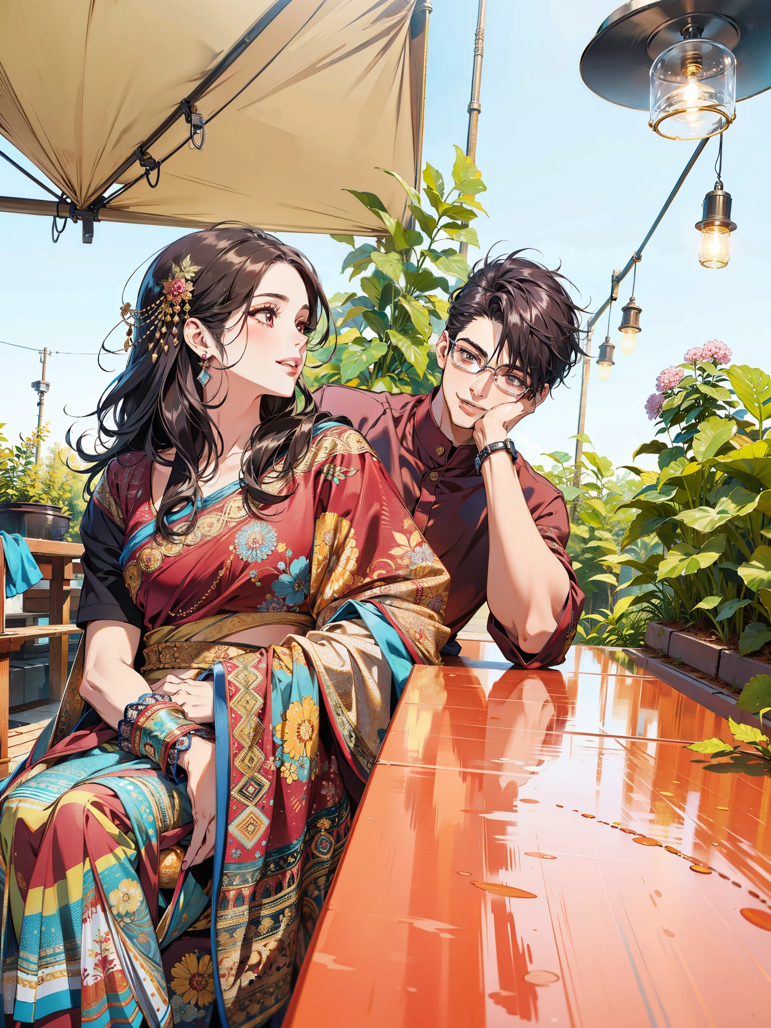 (masterpiece),(best quality:1.0), (ultra highres:1.0), detailed illustration, 8k, anime couple, , girl on left, beautiful girl, maroon saree, intricate details, black eyes, detailed eyes, black hair, detailed hair detailed, highlights on hair, smile, boy on right, glasses, handsome masculine young boy, maroon shirt, stylish hair, anime style, best quality, detailed, both smiling