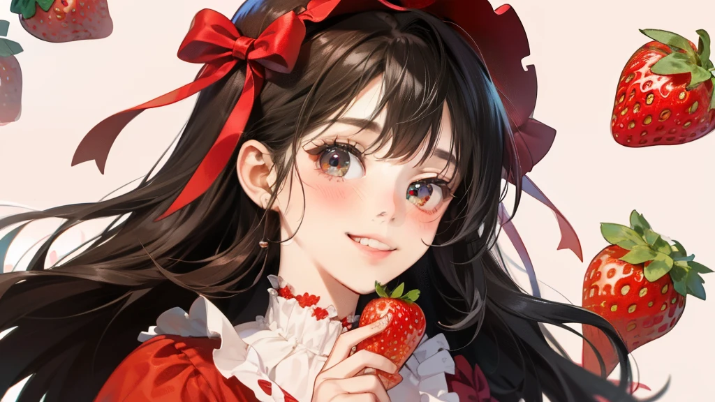 girl with、A dark-haired、The long-haired、Contrasting bangs、Red One Piece、frilld、bow ribbon、red lolita fashion、with blush cheeks、Smiling、Holding strawberries in your hands、Strawberries、Strawberries、kawaii、With background、