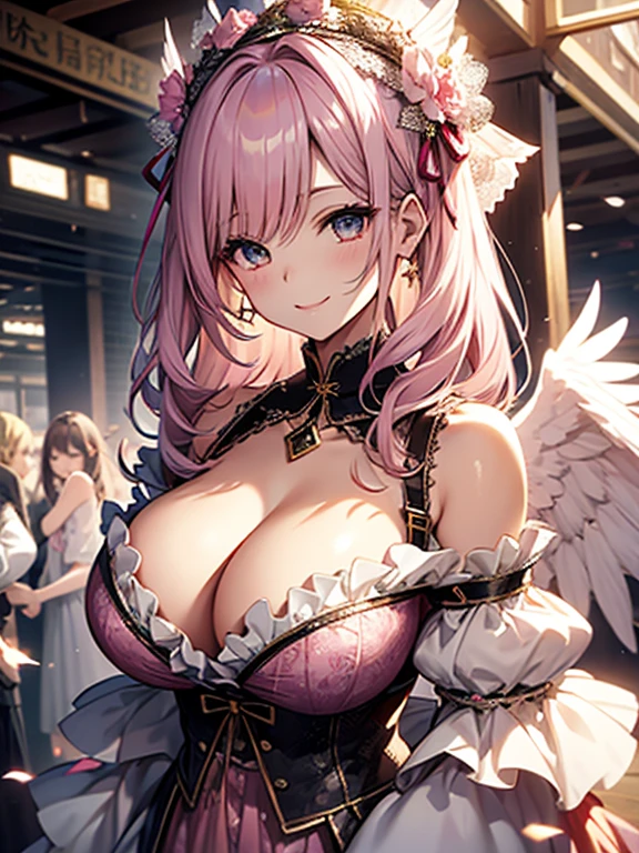 1 woman、爆乳、cleavage of the breast、Pale pink hair studded with stars、Long Lace Bale、Lolita clothes with lots of frills and ribbons、angel wings encrusted with jewels、A smile