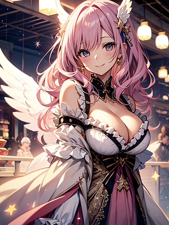 1 woman、爆乳、cleavage of the breast、Pale pink hair studded with stars、Long Lace Bale、ta clothes with lots of frills and ribbons、angel wings encrusted with jewels、A smile