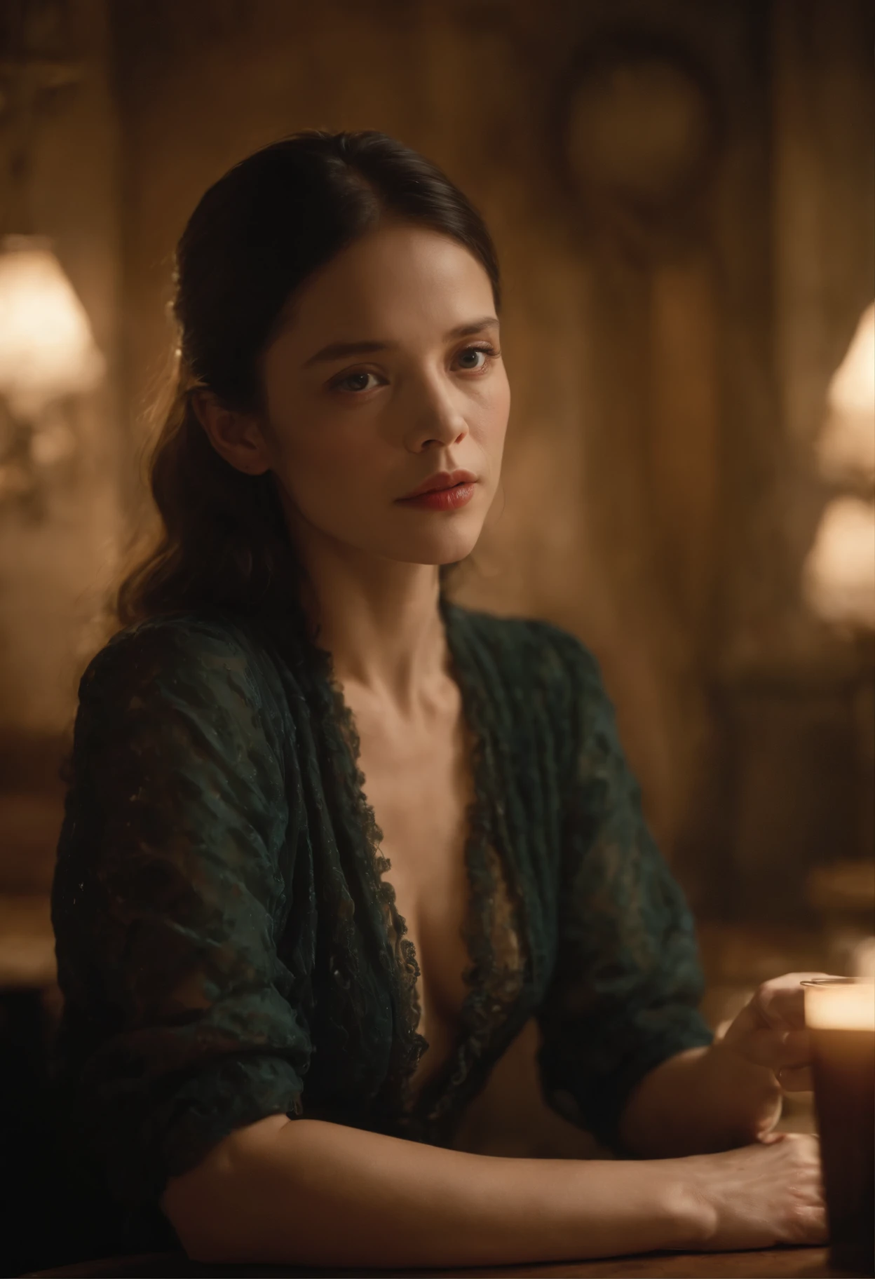 color photo of a shy woman, lost in her own world, seated in a quaint cafe, bathed in the warm ambiance of soft lighting, her delicate hands holding a worn journal close to her heart, her eyes fixed on the pages filled with her innermost thoughts, a hint of melancholy lingering in the air, the photographer, a soulful artist with a flair for the dramatic, capturing the raw emotions in the stillness of the night, his Nikon DX9 camera, meticulously calibrated to capture vibrant colors, the lens capturing every intricate detail of the scene, the film type carefully chosen to enhance the contrast and depth, the air pregnant with anticipation, a collaboration between directors Wong Kar-wai, cinematographer Emmanuel Lubezki, photographer Sally Mann, and fashion designer Alexander McQueen, a unique fusion of styles and visions, resulting in a photo that transcends boundaries and tells a story of its own —c 10 —ar 2:3