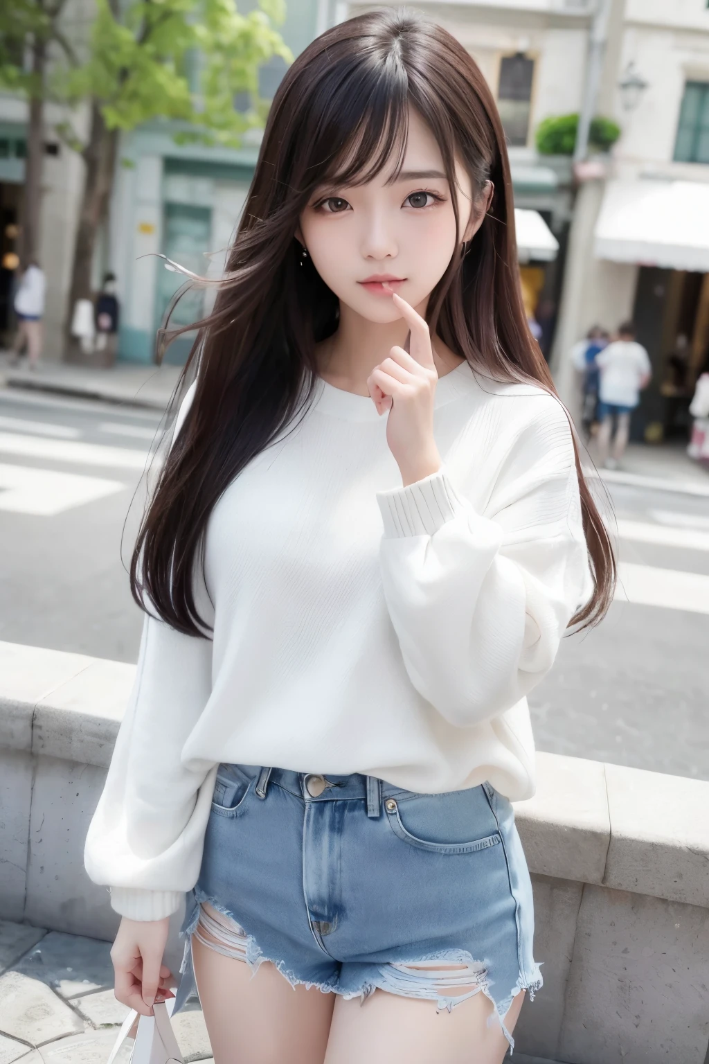 (8K、top-quality、masterpiece:1.2)、(reallistic、Photorealsitic:1.37)、The ultra-detailliert、1人、23years old、Medium chest、Beautie、Beautiful and perfect face、Natural smile、独奏、holiday、Bustling street、shopping、Fashionable clothes、Redness of the nose)、(A smile:1.15)、(With mouth closed) 、beautidful eyes、(long:1.2)、Floating hair 、Middle hair、ulzzang -6500-v1.1