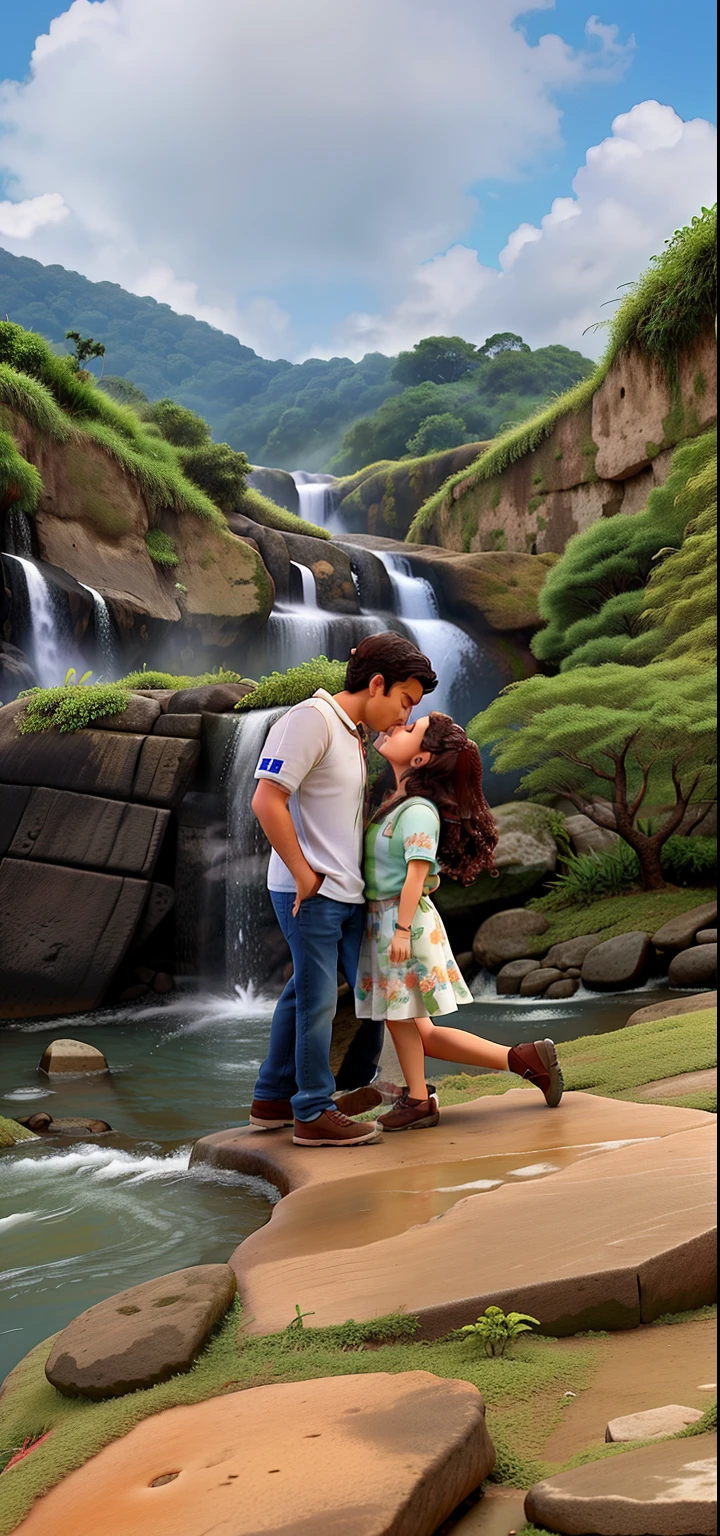 Casal se beijando em frente de uma cachoeira