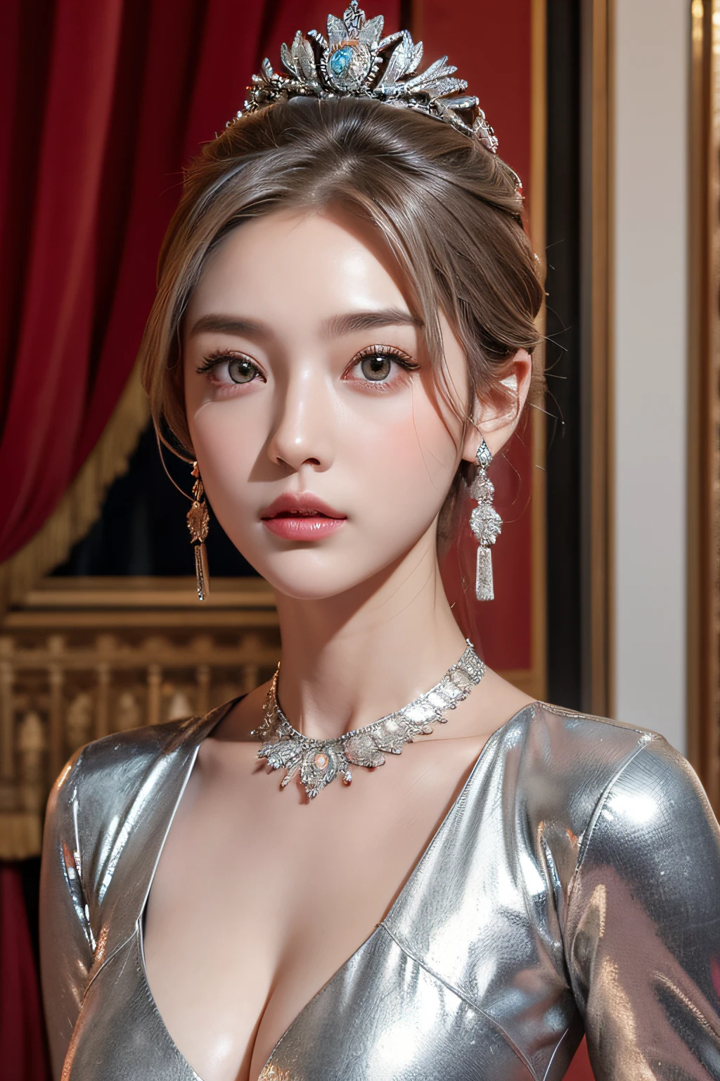((exhibited in the palace))、(1 Girl's_Sculpture from the chest up), (Royal sister_mature woman body portrait)、a picture, (Sculpture made entirely of silver metallic)、(bust on pedestal)