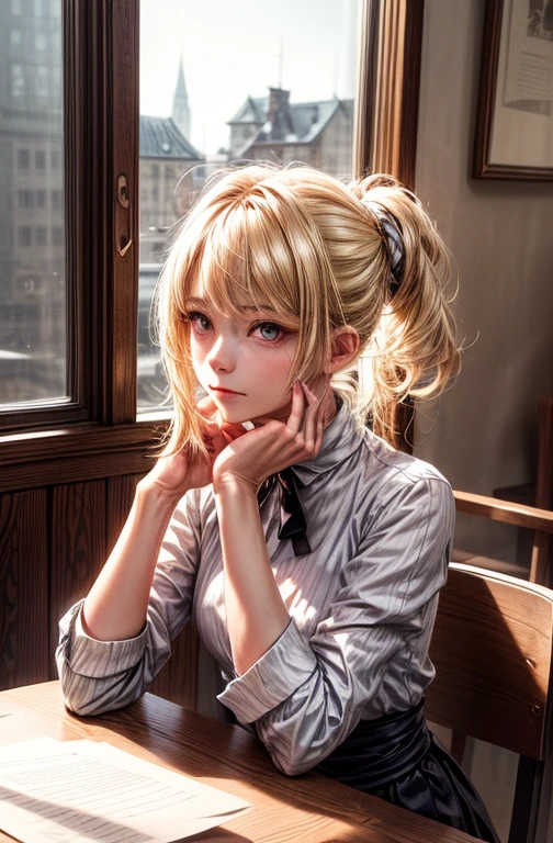 masutepiece, Best Quality, 1girl in, Solo, Medium Hair, blondehair, window, Sitting, Indoors, The table, sleeves past wrists, cafes, head rest, Closed mouth, Winter fashion, Upper body, (Perfect ???????:1.2)