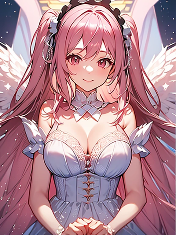 1 woman、爆乳、cleavage of the breast、Pale pink hair studded with stars、Long Lace Bale、ta clothes with lots of frills and ribbons、angel wings encrusted with jewels、A smile