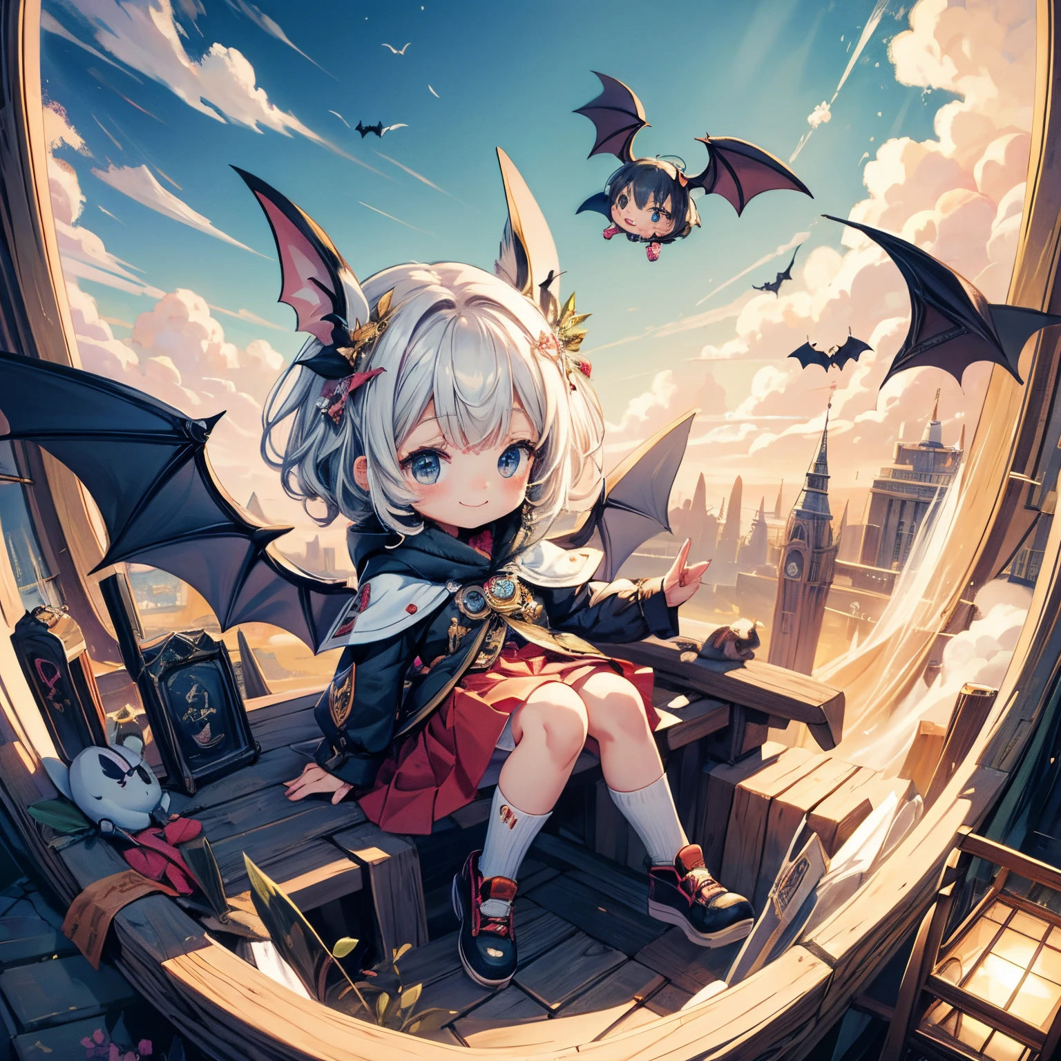 masterpiece、The highest image quality、Chibi、Cute、Girl personified a bat、Bat Wings、The best smile、细致背景