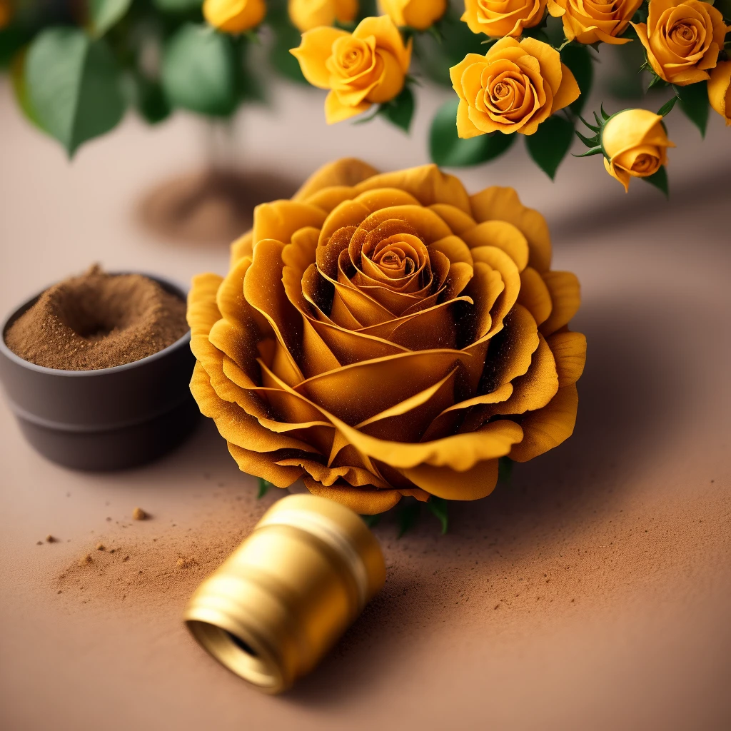 Golden roses grow on the bushes, golden Leaves and golden petals are covered with dust,Shot with Canon 35mm lens, photo of a rose, taken with a pentax k1000, Shot with Pentax 1000, Two 5-mm ports, Shot at Kodak Portra, Rose Twinings, golden Rose, 35mm shot,only golden colour golden 4k quality photos