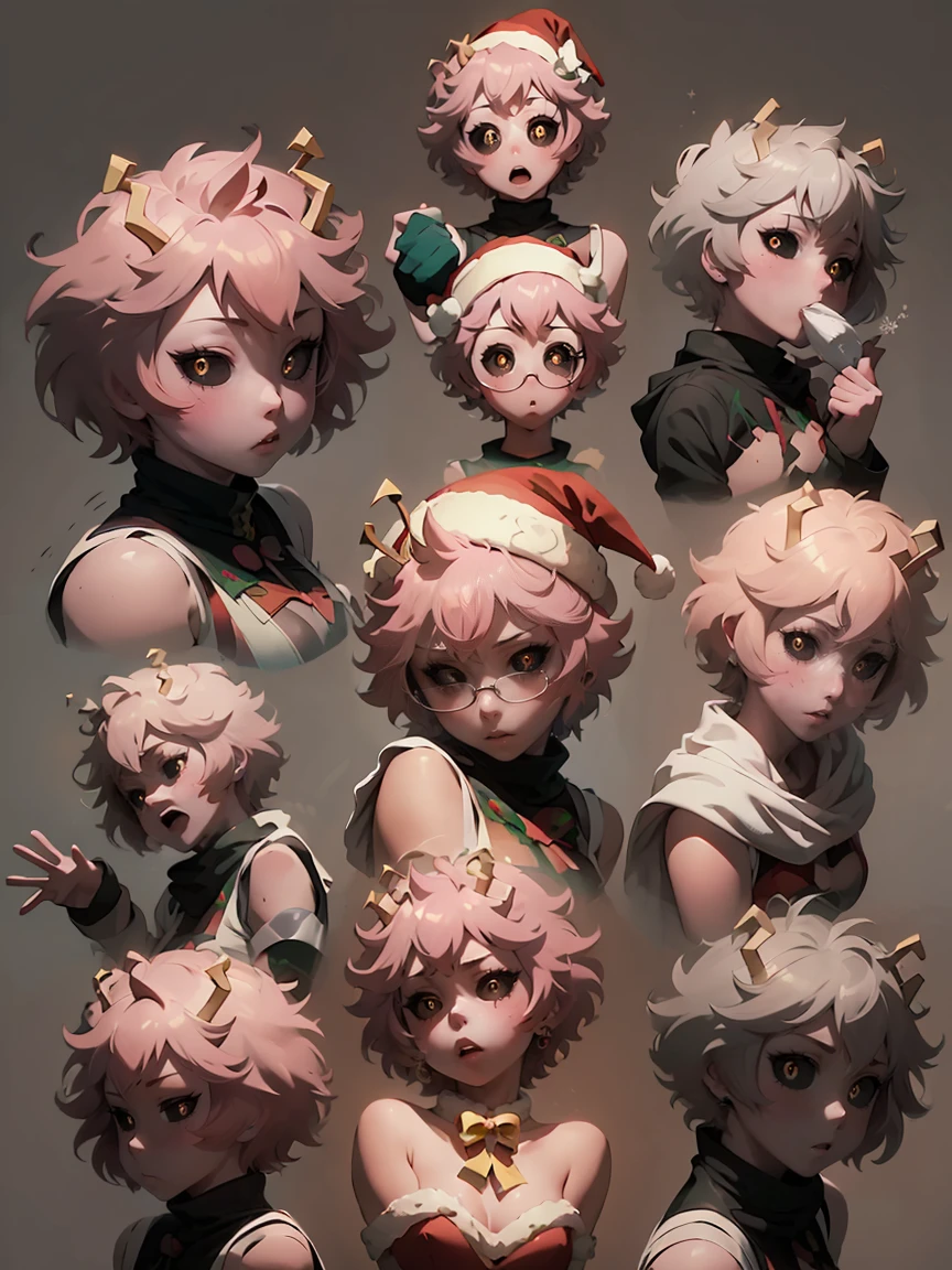 (master piece: 1.1), (mina ashido), chibi, multiples, 9 tables, ((multiple poses and expressions)), detailed face,  ((pink skin)), pink hair, black eyes, (yellow pupil), short hair, anime character, ((christmas costumes)), christmas clothes, (wearing santa hat), (simple gray background)