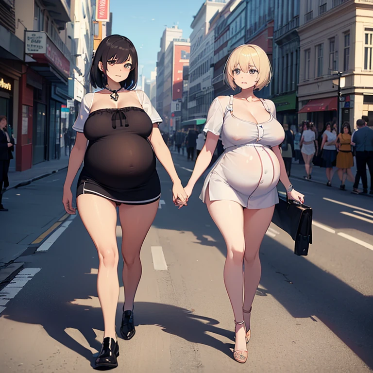 2 women of different sizes walking hand in hand on the busy street during the day,((a woman with a huge penis is completely naked and pregnant,((a thin woman in a very short skirt and very short blouse)),Different types of hair , different body,