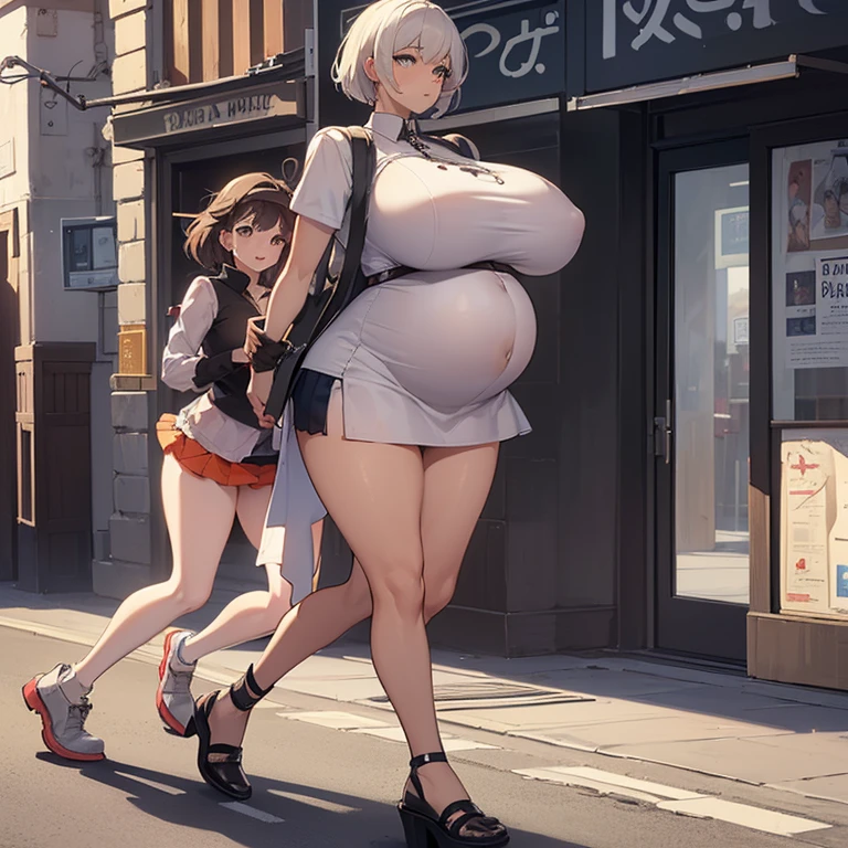 1 woman,1 woman walking hand in hand on the busy street during the day,((a woman with huge breasts is completely naked and pregnant,((a thin woman with a very short skirt and a very short blouse)),Different types of hair, different body,