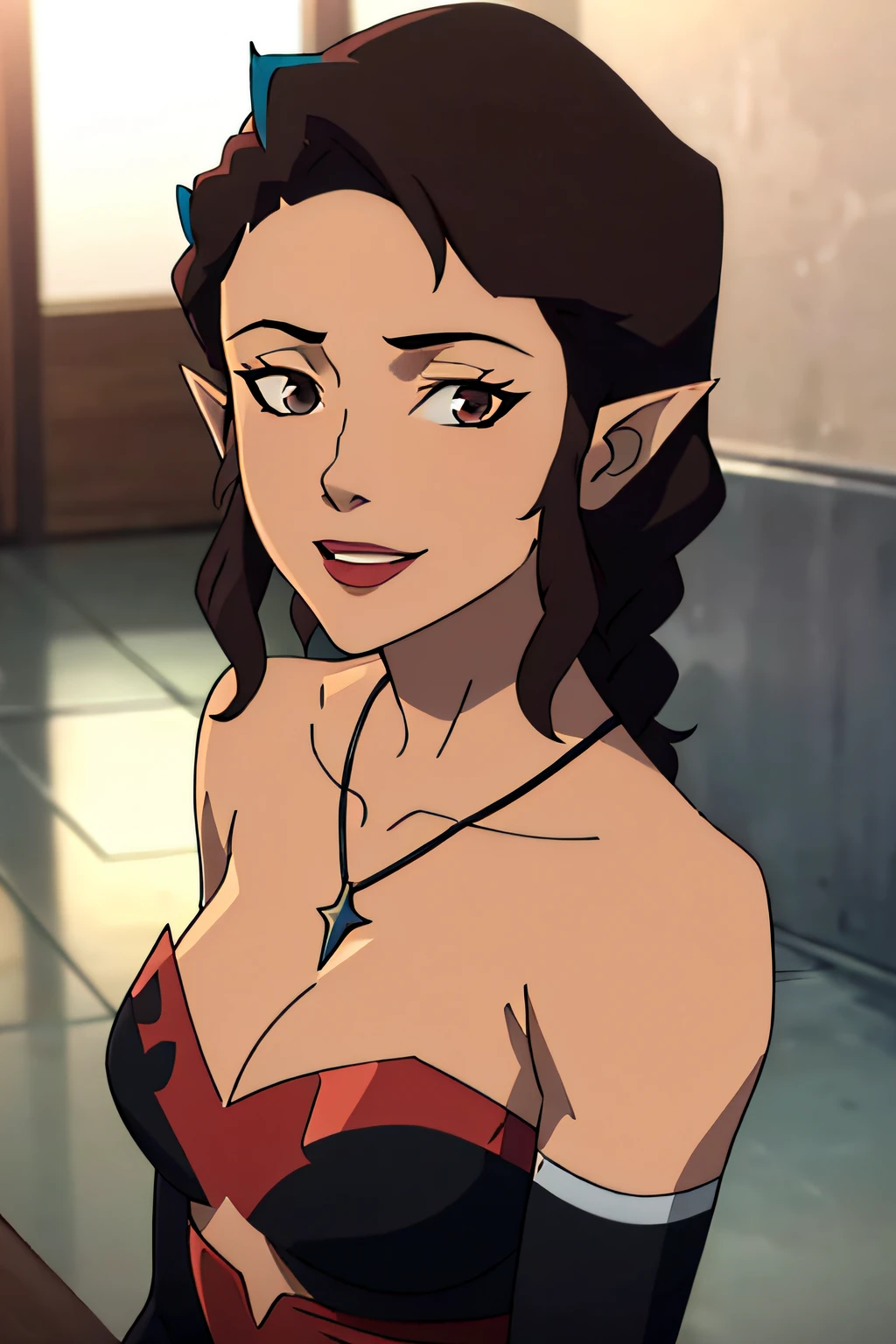 vexahlia, 1girl, brown hair, brown eyes, braid, dark skin, pointy ears, bare shoulders, (((strapless black dress))), breasts, detached sleeves, cleavage, necklace, slide slit, 1girl, solo, upper body, facing viewer, looking at viewer, smile,