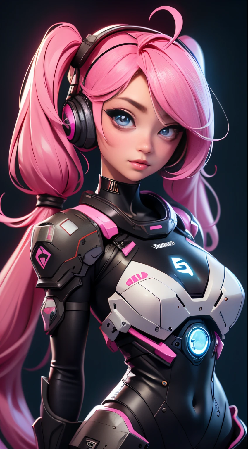 masterpiece, 1 beautiful girl, Detailed eye, Swollen eyes, top-quality, 超A high resolution, 电影灯光, japanes, a asian beauty, very extremely beautiful, Beautiful skins, A slender, Forward-facing body, gazing at viewer、(animesque), (hight resolution), , (ighly detailed), ( Best Illustration), (beautifully detailed eyes), (ultra-detailliert), 详细的脸, Bright lighting, Professional Lighting、The background is a cyberpunk room with many monitors..............、Hair color is pink twin tails、、headset on head、Moles under the eyes、Plump and glossy lips、Heart-shaped choker、Female Game Commentator、animesque