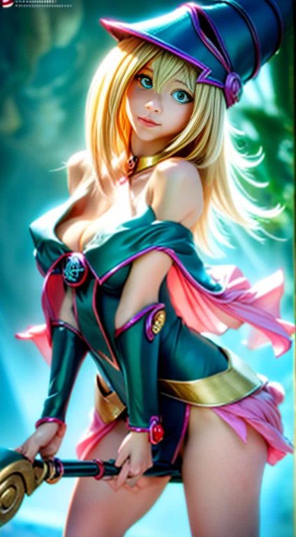 Beautiful young dark magician Jill，Blonde hair and green eyes、style of anime、huge tit. Subjective and emotional gestures. innocent face, sinful body. Magic background. Magic Array.