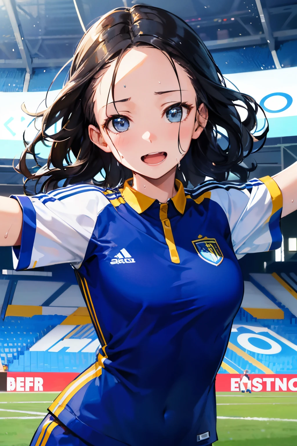 (masterpiece), (best quality), high resolution, ultra detail, photo realistic, 8K, intricate face, soft breasts, narrow waist, athletic body, detailed body, detailed face, beautiful, black wavy hair, forehead, female soccer player, blue uniform, (spread both arms), dash, sweat, cheerful, great joy, open mouth, shout, soccer stadium