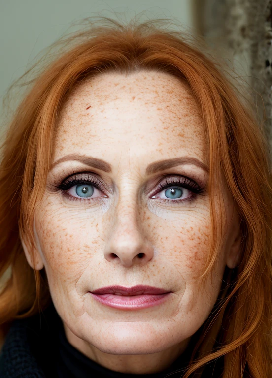 A stunning, intricate full color portrait of a woman, redhead, freckled, milf, 60 years old, German, with a black turtleneck, composition of epic characters, sharp focus, natural lighting, subsurface dispersion, F2, 35mm, film grain