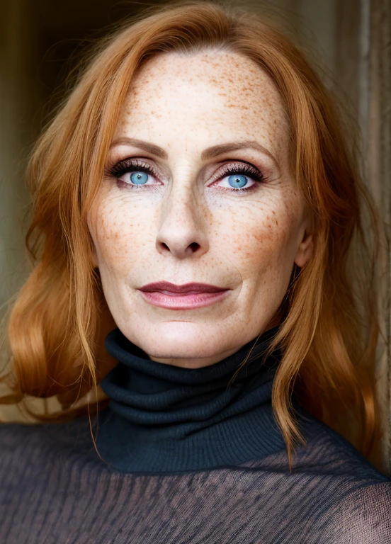 A stunning, intricate full color portrait of a woman, redhead, freckled, milf, 60 years old, German, with a black turtleneck, composition of epic characters, sharp focus, natural lighting, subsurface dispersion, F2, 35mm, film grain