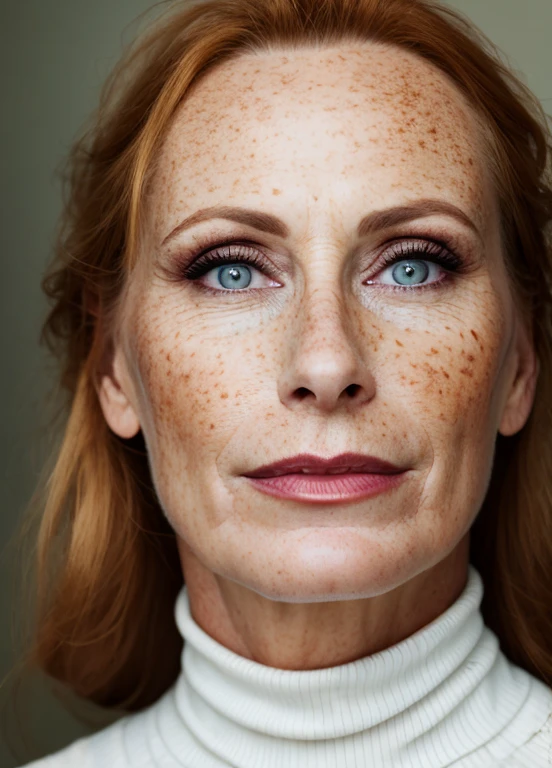 A stunning, intricate full color portrait of a woman, redhead, freckled, milf, 60 years old, German, with a black turtleneck, composition of epic characters, sharp focus, natural lighting, subsurface dispersion, F2, 35mm, film grain