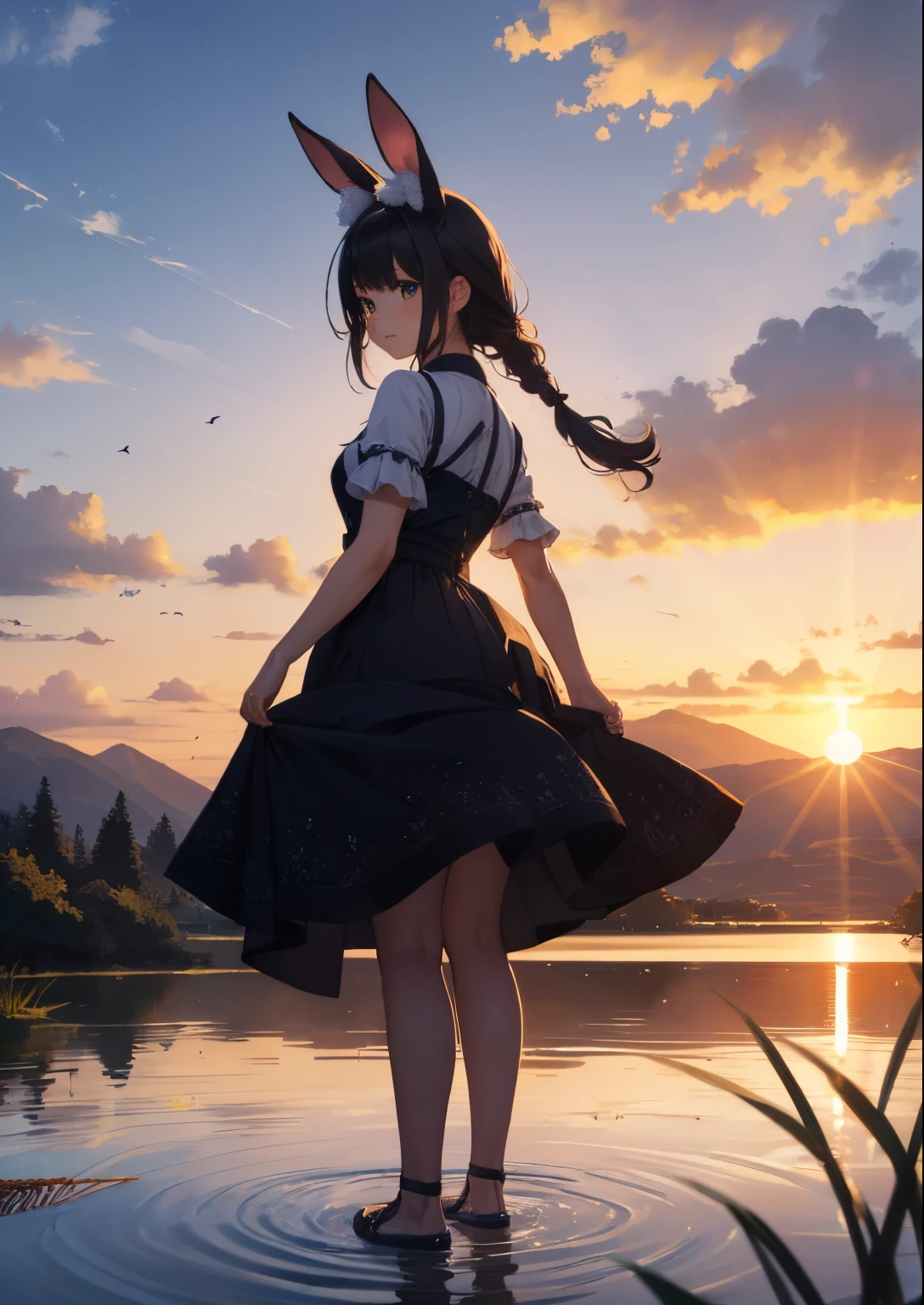 (Figures: Would/at Pecora), bunny girl, Blue hair, twin braids, A girl, 独奏, Masterpiece, Best Quality, Ultra-detailed, illustartion, ink, beautiful detailed water, Beautiful Detail Face, intricate detials, detailed splashes flutter, hight resolution, detailed light, (1 girl:1.5), 独奏, autumn, (Sunset:1.4), (orange and dark blue sky), clean sky, (From Bottom:0.4), (Reed:1.5), Dark, Slim, aqua eyes, drop of water on face, standing in a lake, (feet in water), Hands Behind Your Back, Look at the sky, reflection, Lake, Reed, Mountains in the distance, Nature, rocks, rocks, rivers, clouds and stars, clouds between the slopes of the mountains, clean sky, remote,