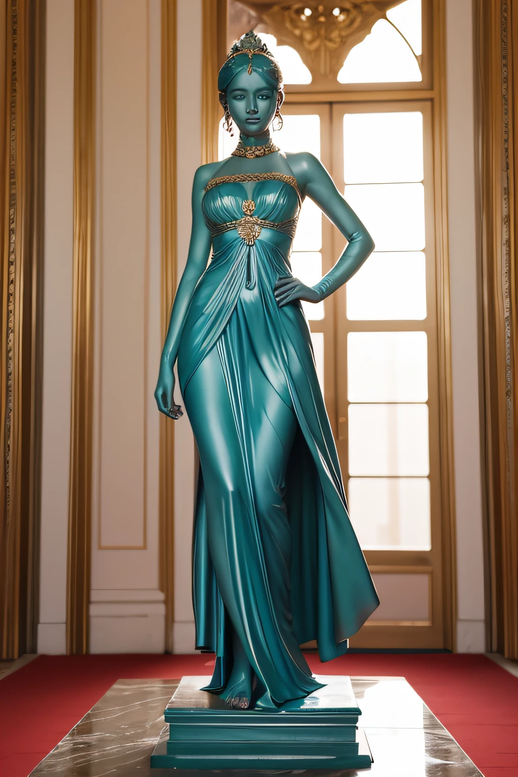 sculpture of a beautiful woman、exhibited in the palace、All skin and clothes are sculpted、Stand on a pedestal