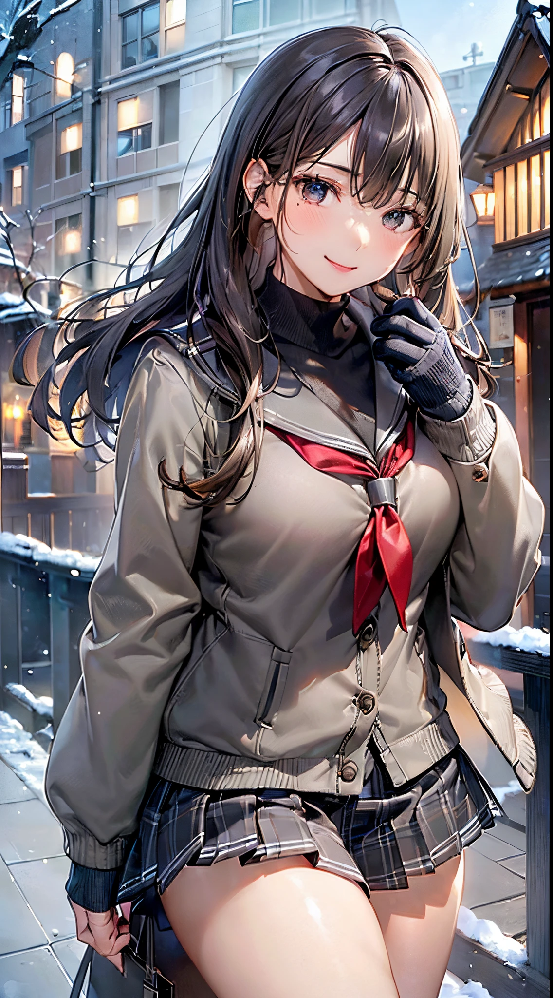 ((((, , perfect anatomy, super detailed skin)))), 1 girl, japanese, , shiny skin, large breasts:0.5, watching the view, (smile:1.5),
beautiful hair, beautiful face, beautiful detailed eyes, (middle hair:1.7, straight hair:1.4),
beautiful clavicle, beautiful body, beautiful chest, beautiful thigh, beautiful legs, babyface, , , mole under eye,
((navy school uniform, long sleeves, navy pleated skirt, sailor collar, light brown cardigan, ((gray medium coat, muffler, mitten)), extremely sexy, seductive thighs)), white panties,
(beautiful scenery), winter, evening, hokkaido, sapporo, outdoors, snow, snowfall:1.5, walking, holding a phone,
(8k, top-quality, masterpiece:1.2, extremely detailed, , ), (photorealistic), beautiful illustration, cinematic lighting,