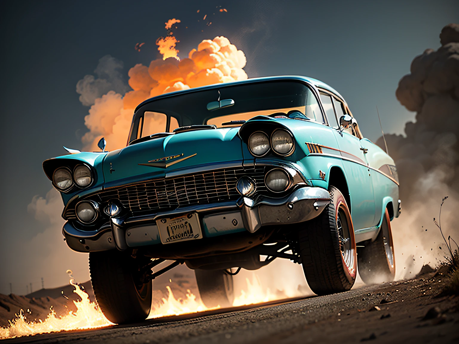 1959 Chevrolet Bel Air derrapando na pista, accelerating and smoking the rear tires, estragado, quebrado, amassado, wrecked, estilo madmax, Post-apocalypse environment, em uma estrada no meio do deserto quente, o carro possui RODA ESTRELA, RODA LARGA, COLOR PRETRRO METALLIC, Headlights on, VIDROS ESCUROS, DETALHES EM COR DOURADO, FRISOS EM COR DOURADA, The car is on fire, It's on fire, queimando, pegando fogo no motor, chamas lindas e fortes, fire on engine, fogo em toda parte