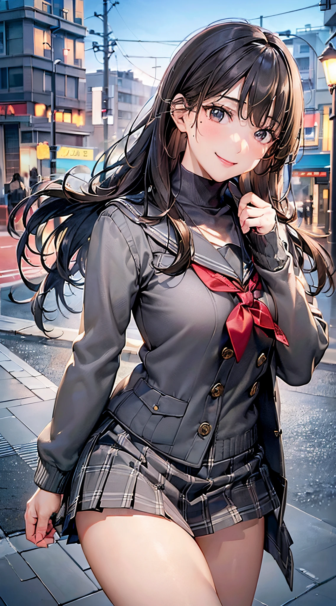 ((((, , perfect anatomy, super detailed skin)))), 1 girl, japanese, , shiny skin, large breasts:0.5, watching the view, (smile:1.5),
beautiful hair, beautiful face, beautiful detailed eyes, (middle hair:1.7, straight hair:1.4),
beautiful clavicle, beautiful body, beautiful chest, beautiful thigh, beautiful legs, babyface, , le under eye,
((navy school uniform, long sleeves, navy pleated skirt, sailor collar, light brown cardigan, ((gray medium coat, muffler, mitten)), extremely sexy, seductive thighs)), white panties,
(beautiful scenery), winter, evening, hokkaido, sapporo, outdoors, snow, snowfall:1.5, walking, holding a phone,
(8k, top-quality, masterpiece:1.2, extremely detailed, , ), (photorealistic), beautiful illustration, cinematic lighting,