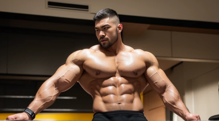 (Very detailed 8k wallpaper), Strong Asian Men, At the gym, high detailing, buzzcut, very large and strong body, bulging muscles, well-muscled, very large pectoral muscles. Very sexy abs, legs are muscular, Toned figure, lightens oily skin, muscular, Tank top, T-shirt, longshot, Wide Shot