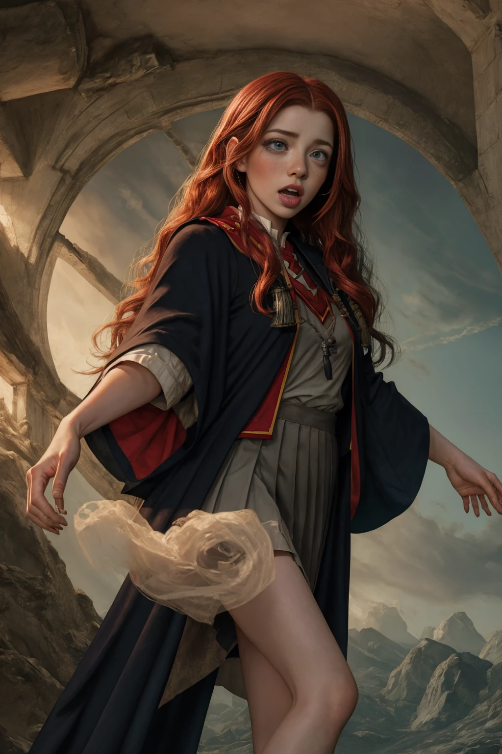 (far wide shot:1.5), 1girl, (solo:1.5), a beautiful picture of Ginny Weasley, wearing a uniform, masterpiece, photorealistic, detailed, 4k, HDR, backlighting, light, RAW color photo, soft skin, red hair, detailed face, blue eyes, striped scarf, short pleated skirt, black robe, medieval, (gryffindor:1.4), (ahegao:1.5), (ahg1:.5), (rolling eyes :1.5), hogsks, looking up, screaming, gasping, holding her breath, (fainting:1.5), spread legs, (breathless:1.5)