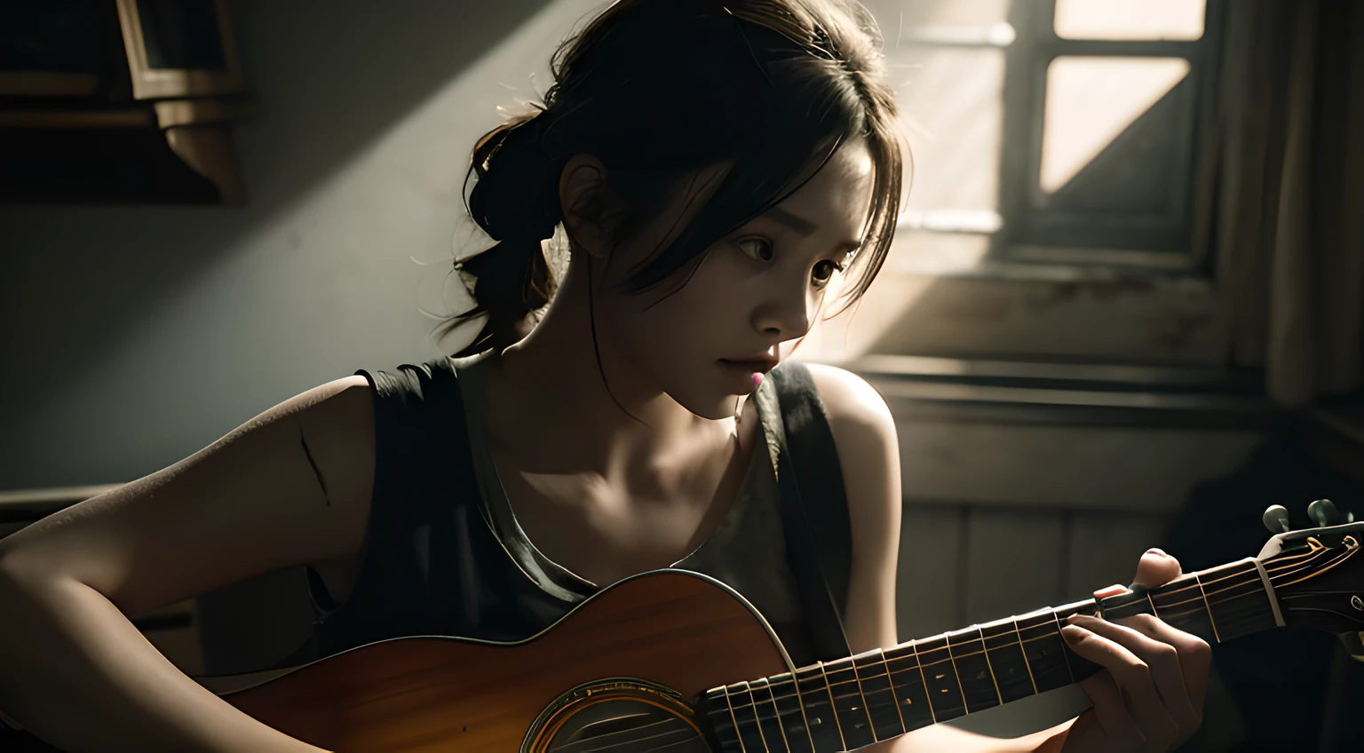 Photographic works,Photo level,tmasterpiece,A girl playing guitar,dim murky lights,dilapidated interior,There is only a faint warm light around the girl,volumettic light,Reallightandshadow,Sadness,Doomsday style,The Last of Us game,Fallout Games