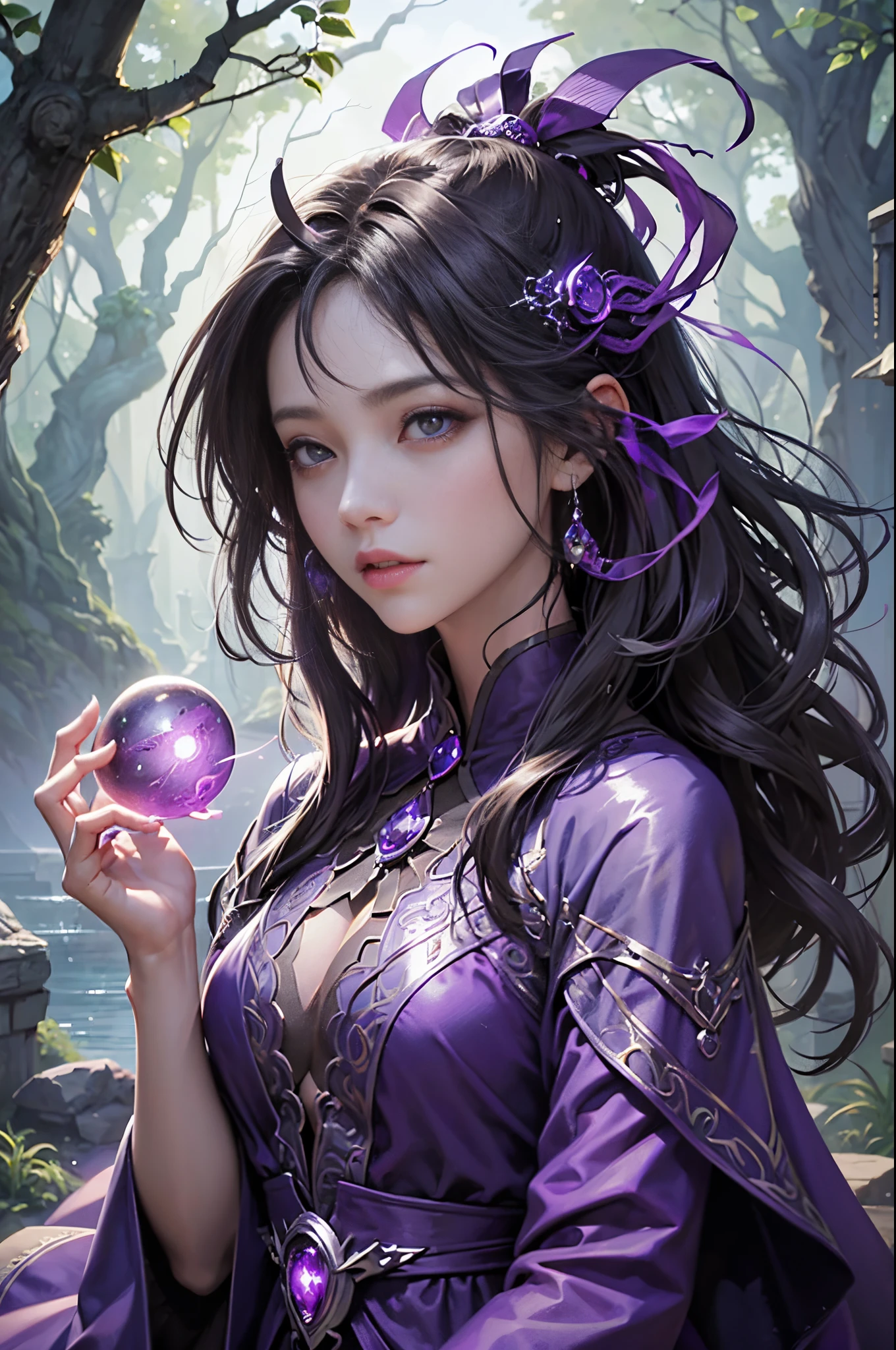 Whispering Shadow: Cloaked in shadows, her figure only partially visible. Eyes glowing bright with mysterious knowledge, purple magic Powers, using magical stone and tendrils of shadows extend like extensions of her form. The air around her seems to ripple with subtle whispers, bingnvwang, Land Of fantasy