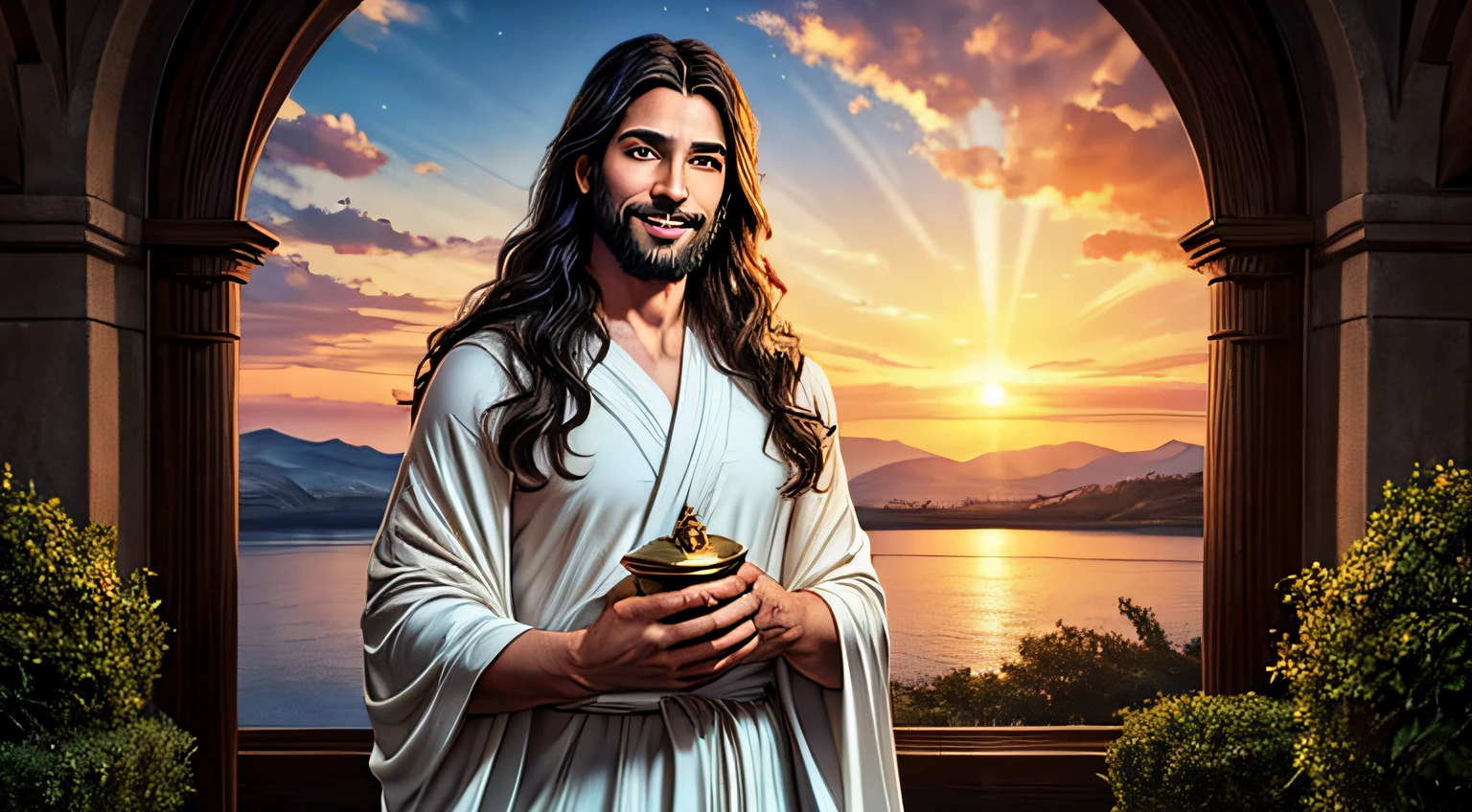 Create an inspired image of Jesus Christ, a 33-year-old man, with a shy smile on his gentle face. Your eyes should reflect a soft shade of blue, and your long, black hair should flow gracefully. Dressed in a white robe, it highlights richly ornate details in gold, red and blue, providing a sense of divinity. The composition of the image should be half the length, focusing on Jesus in the center of the scene. The desired aspect ratio is 16:9, with a resolution of 1920 by 1080 pixels. In the background, create a celestial landscape including soft sunset-painted clouds, with celestial light radiating from the sky, emphasizing the divine presence. Capture the essence of serenity and compassion in the face of Jesus, conveying a sense of love and peace. It is clear that the details of the clothing and landscape complement this sacred atmosphere. We appreciate your artistic skill and eagerly await the final result of this inspiring representation.